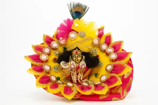 A divine blend of lotus-petal elegance and royal yellow crown for ladoo gopala